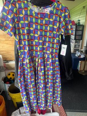 LuLaRoe Amelia size Medium ' Multicolor Geometric Print Dress - Bright Blue